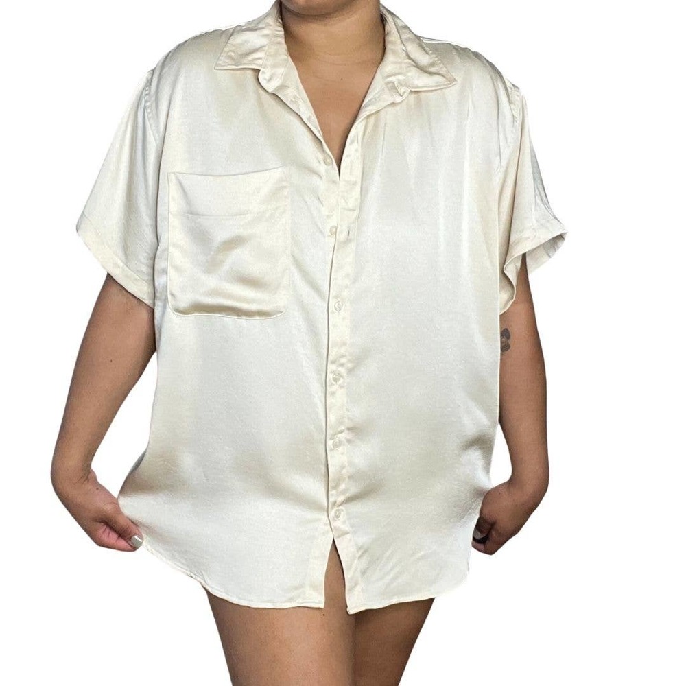 Cream Satin a new day Long Short Sleeve Button Down